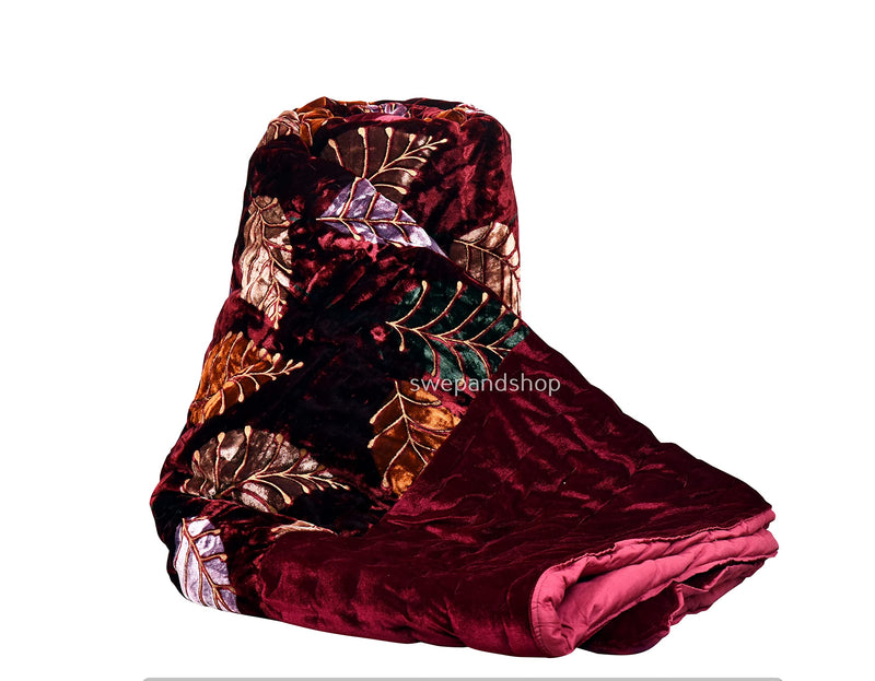 FABDESIGN QUILTS 400 TC Organic Pure Cotton Bombay Velvet Leaf Printed Razai Double Bed Size Jaipuri Quilt Rajai - (90X105) Maroon, lightweight, Pack of 1