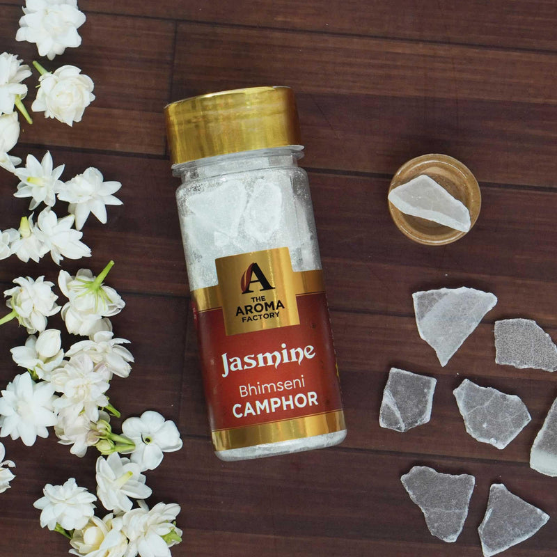 The Aroma Factory Pure Bhimseni Camphor, Jasmine, Zero Residue Kapoor with Fragrance for Pooja, Aarti Kapur | Bottle Pack of 1 x 80gm