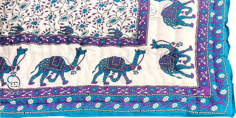 LushHavenDecor Rajasthani Traditional Cotton 240 TC Jaipuri razai rajai ac Blanket Blue Camel Animal Print with Floral Design Single Bed Jaipuri Quilt 55 x 85 inch (Blue) Reversible, Blue