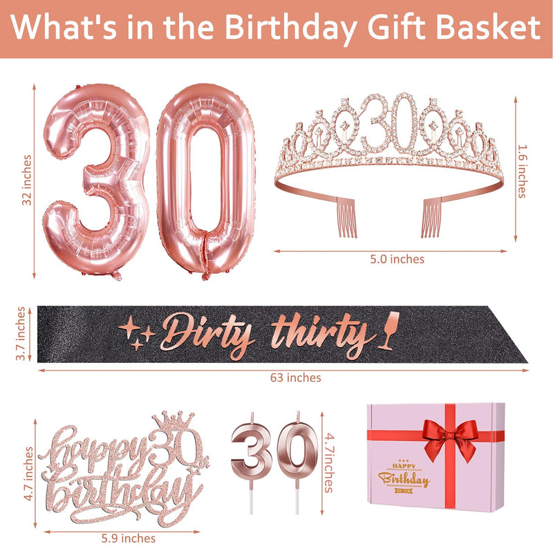 30th Birthday Decorations for Women Black Rose Gold with Glittery Black Dirty 30 Birthday Sash and 30 Tiara, Rose Gold 30th Birthday Candles, Cake Topper and Number 30th Birthday Balloons