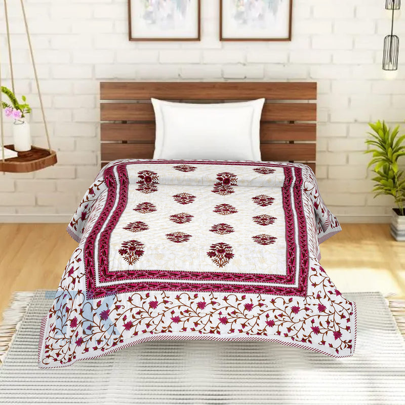 THROW KING World Famous Rajasthani Jaipuri razai Pure Cotton Single Bed Jaipuri Razai Soft AC Quilt/Razai/Rajai Floral Print,Jaipuri razai (90 x 60 inch) (Maroon)