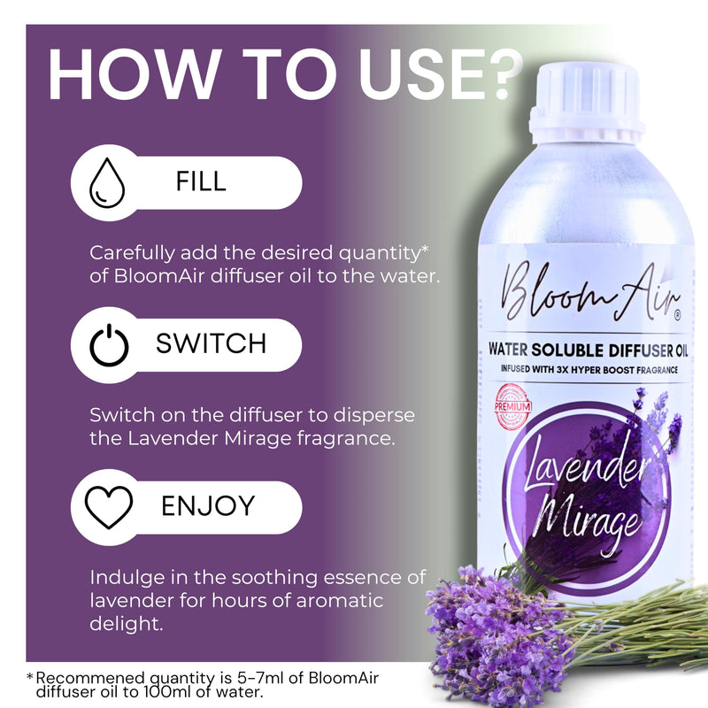 BloomAir Lavender Mirage Diffuser Oil for Home Fragrance| Non-Flammable| Superior Aroma Oil Diffusion| Water Soluble Fragrance Oil| Ready-to-Use| Refill Liquid 1.00Kg