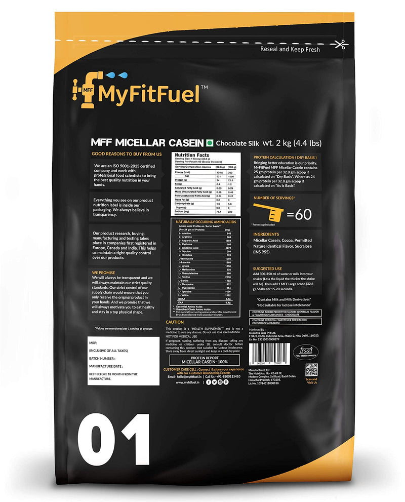 MyFitFuel MFF Micellar Casein Protein Powder 1 Kg (2.2 lbs) Chocolate Silk | Slow Release Protein