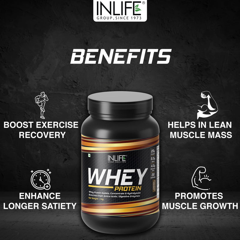 INLIFE Whey Protein Powder | Blend of Isolate Concentrate Hydrolysate | Sports Nutrition Workout Drink, Muscle Food, Body Building Supplement (Chocolate, 1kg)