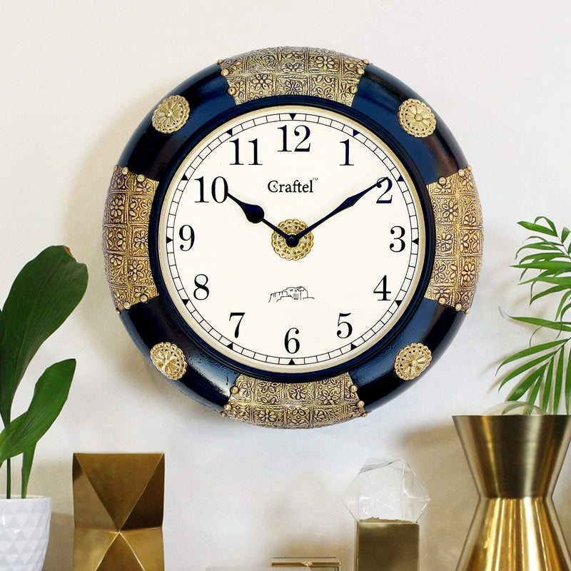 Craftel 12 Inch Brass Fitted Black Polished Wall Clock Antique Decorative Clock with Dome Glass for Living Room Home and Office (Antique Gold, Dial: 8 Inch)