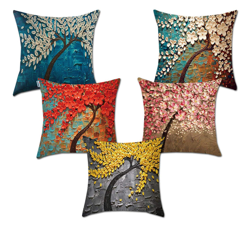 CIDIZY Jute Floral Tree Cushion Covers, 16 x 16 Inch, Multicolour, Set of 5