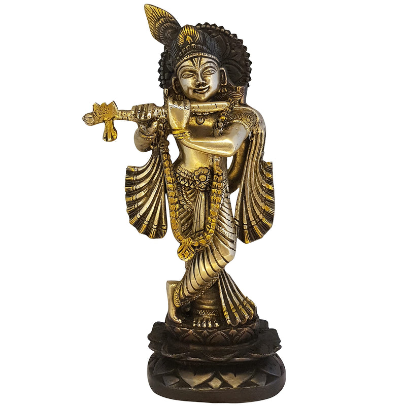 Divya Mantra Krishna Playing Flute Brass Statue Janmashtami Murti Kanha Bansuri Idol Bhagwan Sri Thakur ji Home Decor Mandir God Brass Decorative Showpiece Lord Pooja Beautiful Statues - Brown