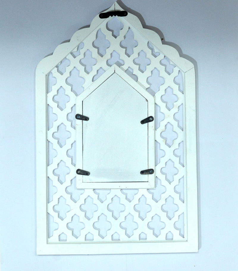 CRAFT N CREATIONS White Painted Wall Hanging Jharokha Inside Mirror, Wooden Wall Hanging, Wooden Wall Panel 16" x 10" Rectangular(Framed) (White)