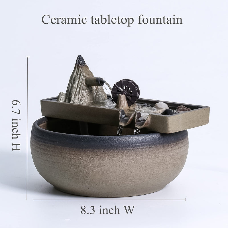 Ceramic Tabletop Fountain for Indoor Home Decoration Table Desk Office Patio (Brown)