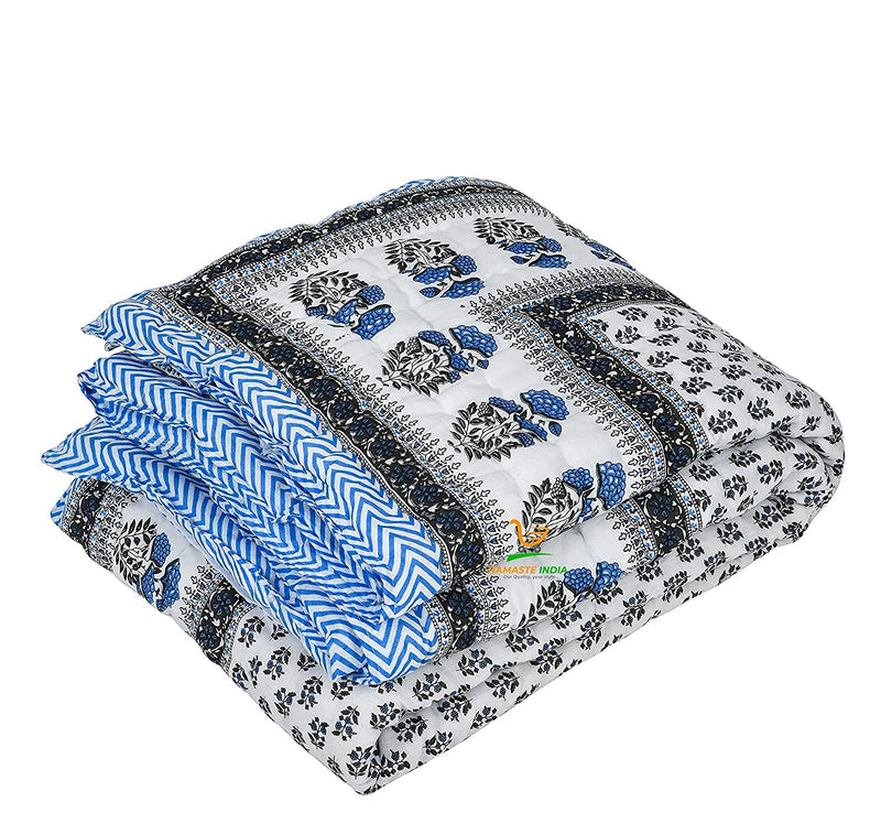 Namaste India Cotton Quilt 240 TC Jaipuri razai rajai ac Blanket Multi Floral Print Design Single Bed Jaipuri Quilt 55 x 85 inch ( Blue) Reversible