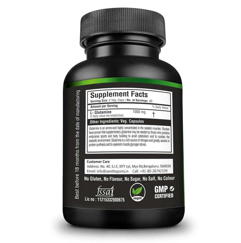 Zenith Nutrition Sports L-Glutamine 1000 mg Per Serving of 2 Capsules, 60 Capsules