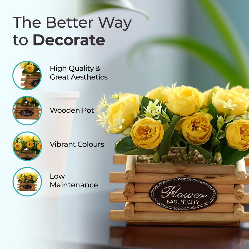 The Better Home Artificial 10 Headed Yellow Roses Flowers in Wooden Pot | 16 cm Long | Room, Office Desk, Dining Table Decor Item | Aesthetic Home Decor