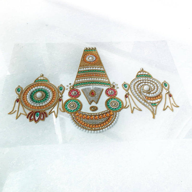 Aabhaas Design Divine Lord Tirupati Balaji Tilak, Vishnu, Venkateshwara, Padmanabha Swami, Shankh Chakra Acrylic Kundan Art Rangoli for Home Temple, Office Decorations, Floor & Wall | 20x16 inch