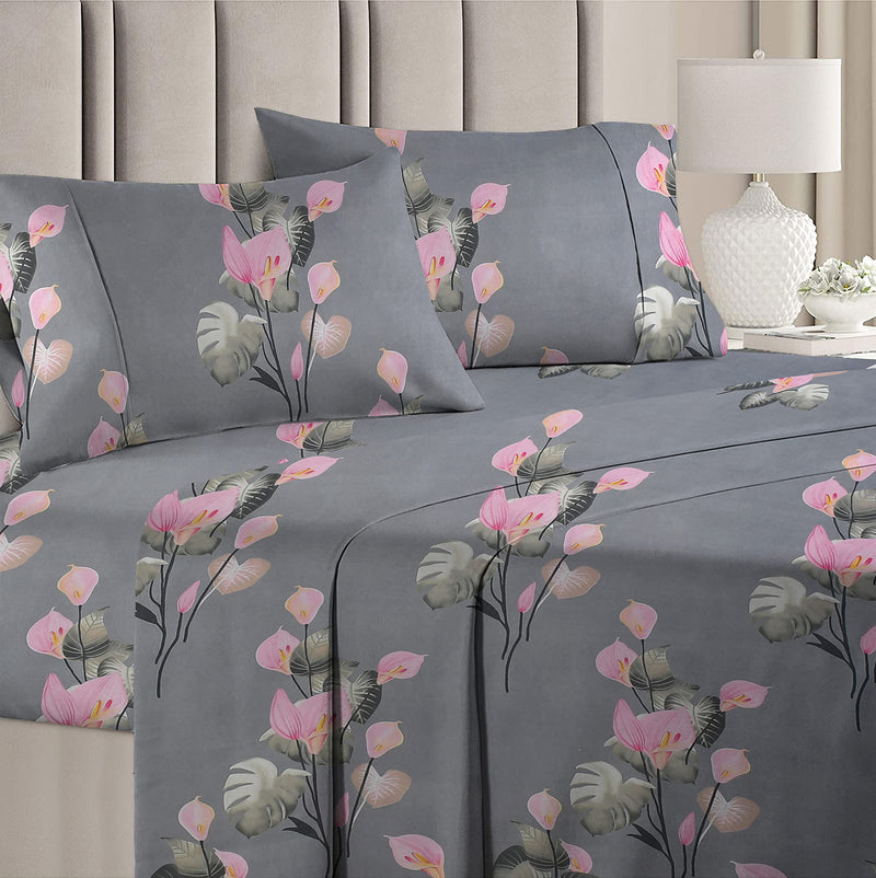 BSB HOME 100% Cotton Feel 160 TC Big Flower Printed Double Bedsheets with 2 King Size Pillow Cover, (90X90 Inches, 7x7.5 Feet, Pink & Grey Flower), 160tc, Under 200 tc