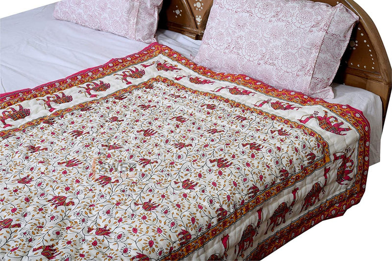 SIBLEY Traditional Famous Jaipuri Beautiful Floral Print Light Weight Cotton Quilt/Blanket/Razai for Single Bed- 55 x 85 inch - Pink Dansing Camel (Reversible, Both Sided)