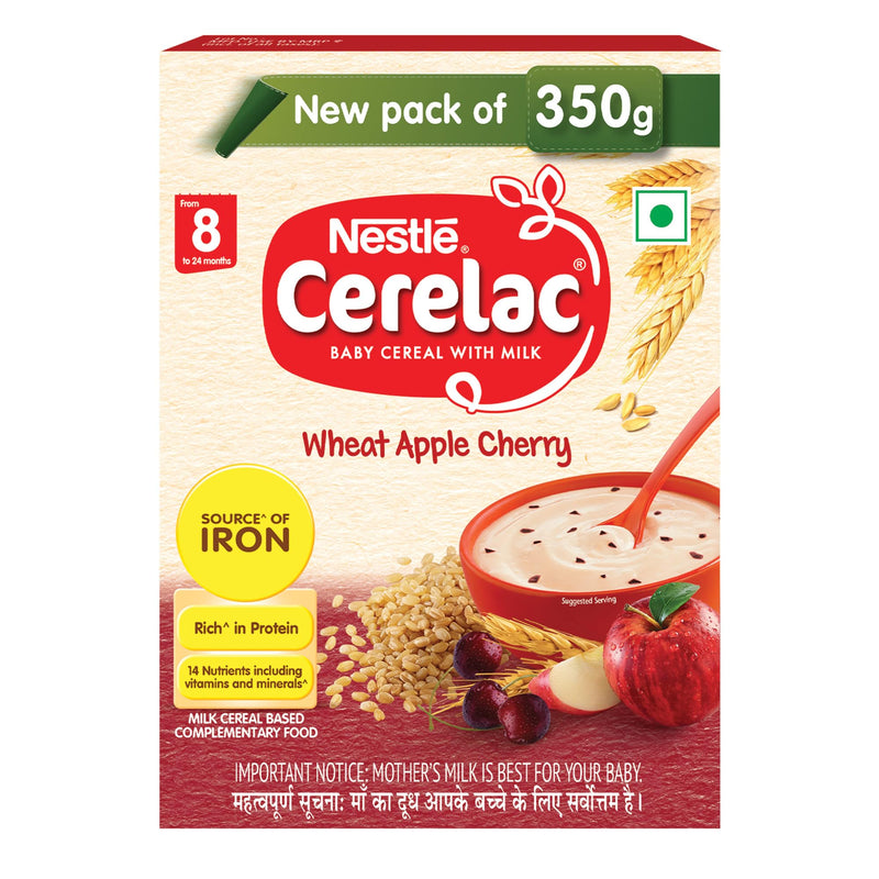 Cerelac Nestle Baby Cereal With Milk, Wheat Apple Cherry From 8 Months, 300g Bag-In-Box Pack