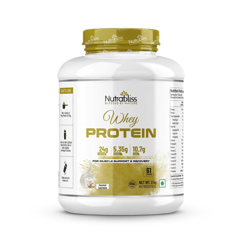 Nutrabliss Premium Pure Whey Protein Concentrated blended with digestive enzymes and probiotics | 100% tested and guaranteed Whey Protein - 24 Gram Protein per serving (Coconut Ice Cream, 2 Kg)