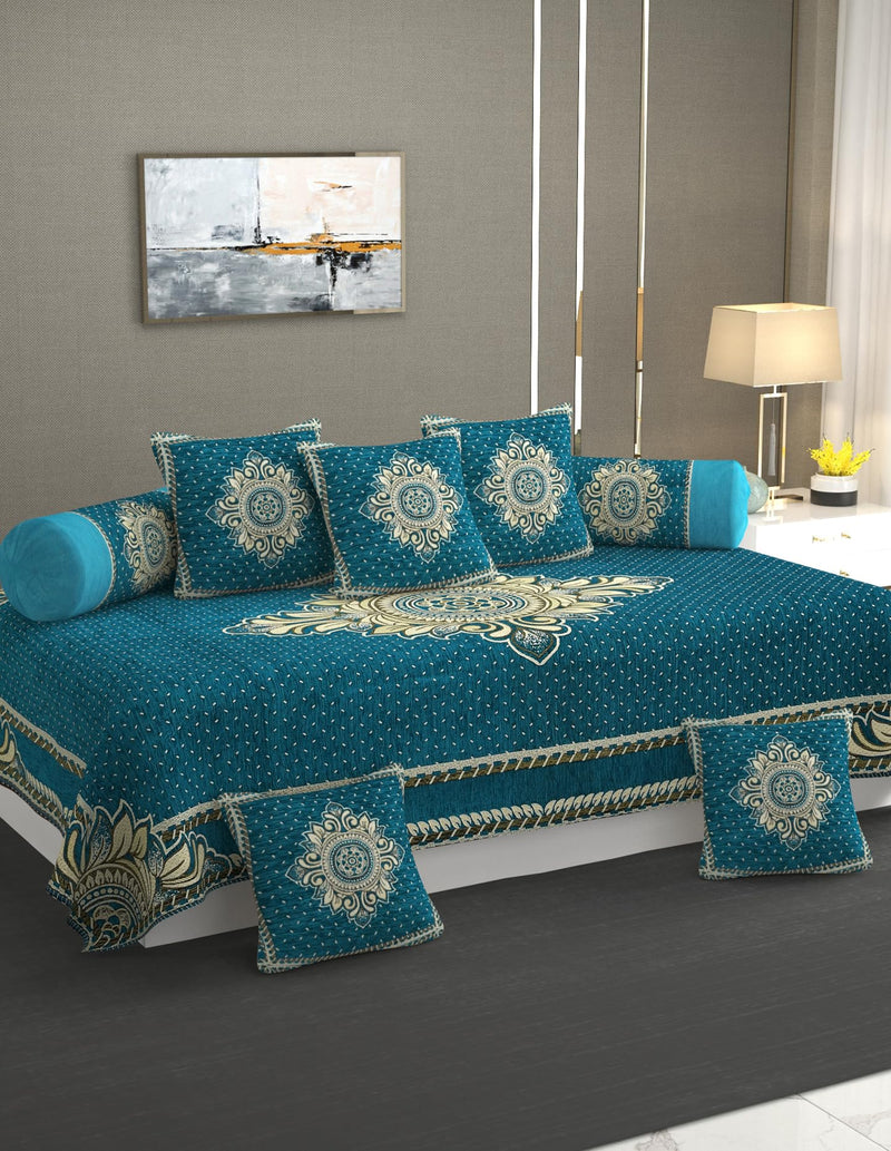 MULTITEX Heavy Chenille Velvet Sofa Cover with diwan Set and Table Cover Combo Set of19 ps-Aqua