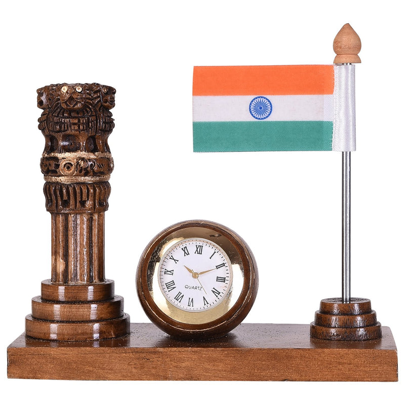 Craft Trade Round Wooden Table Clock - Ashok Stambha Pillar with National Flag Decorative Showpiece Gift for Home and Office Décor