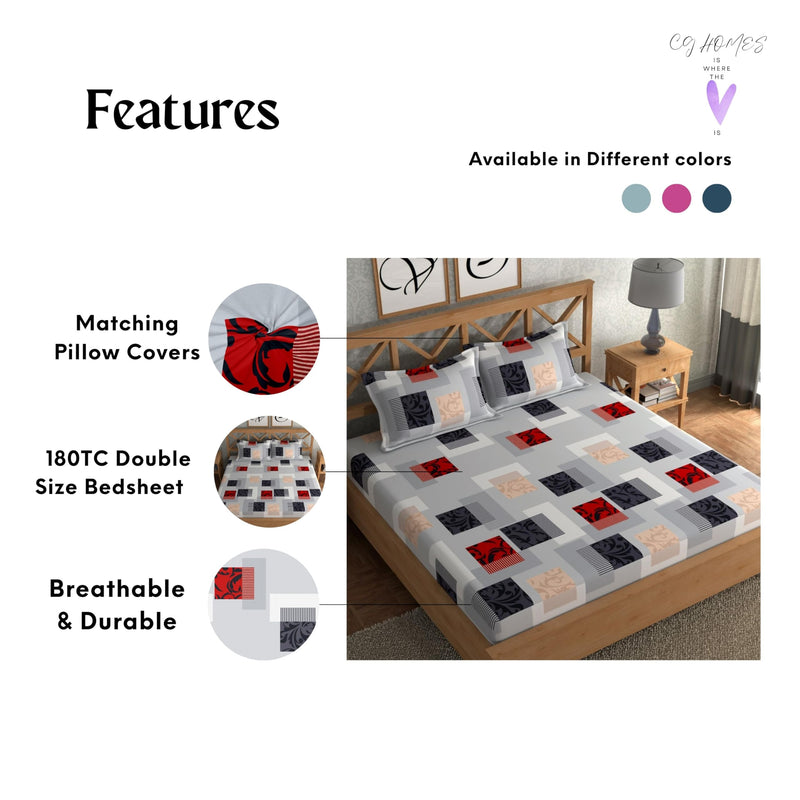 CG HOMES 160 TC Bed Sheet, Bedsheet for Double Bed, Double Bedsheet, Printed Flat Bedsheet Set, Budget Friendly Bed Sheet for Double Bed (Grey & Red)