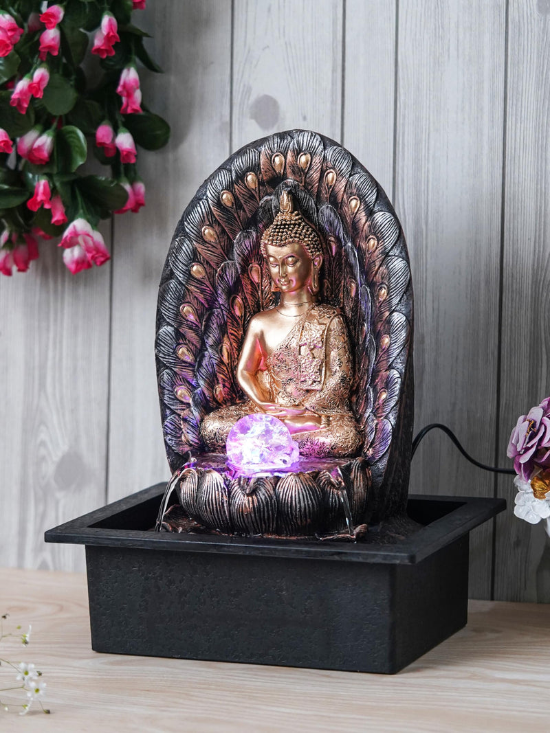 CHRONIKLE Polyresin Elegant Buddha Tabletop Indoor Waterfall Fountain for Home Office Decor with LED Light Water Flow Control Pump (CW WF GB 11608)