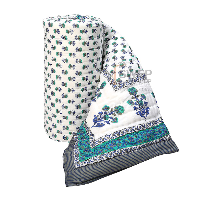 Hopee Shop- 210 TC Cotton Jaipuri Floral Print Double Bed Light Weight Rajasthani Traditional Razai (Blue White, King)