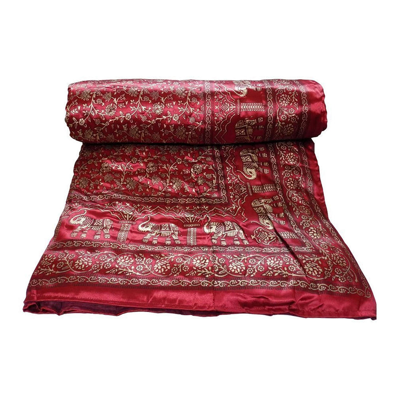 FEELRAX Rajasthani Cotton Filled Light Weight Silk Single Bed Soft Jaipuri AC Quilt/Razai Dohar Over All Floral Print Design with Gold Print Quilts Blankets for Home (Size 55X85 inch) - red