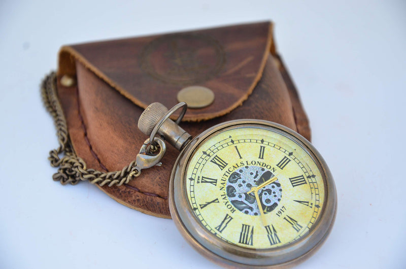 USEW Handmade Antique Brass Clock Roman Numerals Clock with Chain and A Brown Leather Bag