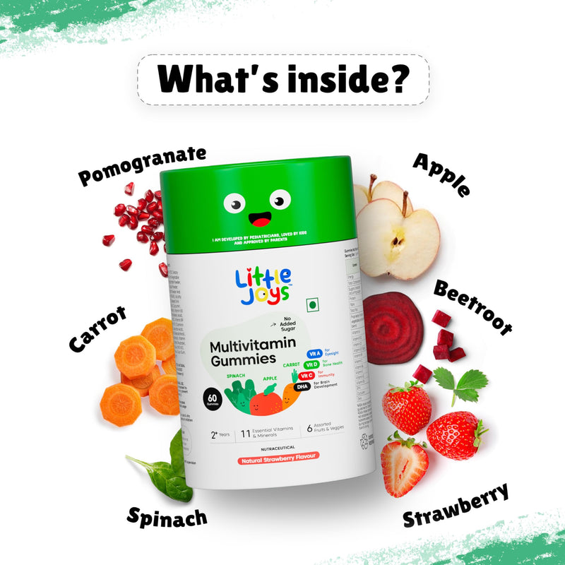 Little Joys Multivitamin Gummies 2+ Years | 30 Days Pack | With 11 essential vitamins & minerals | No Sugar Added | Strawberry Flavour | Boosts Immunity, Bone Density & Eyesight