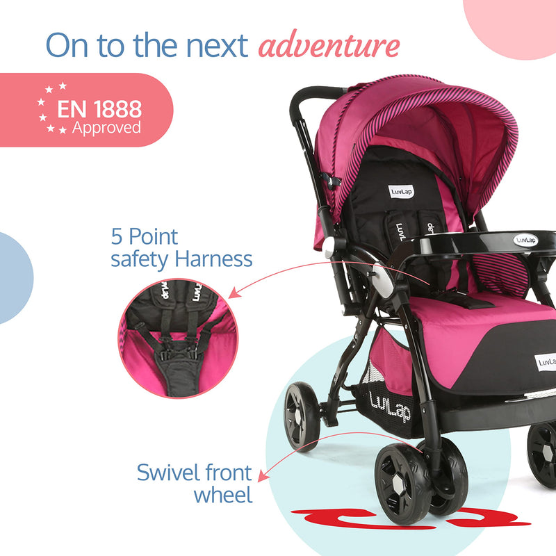 LuvLap Galaxy Baby Stroller, Pram For Baby With 5 Point Safety Harness, Spacious Cushioned Seat With Multi Level Seat Recline, Easy Fold, Lightweight Baby Stroller For 0 To 3 Years (Pink & Black)