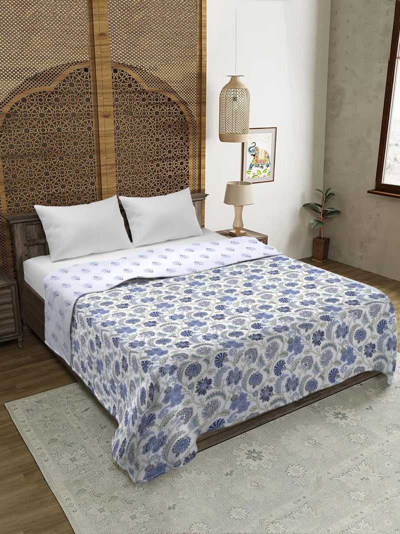 Rajasthan Décor Graceful White and Blue Floral Printed 120 GSM Reversible Cotton Single Bed AC Dohar - Soft and Cozy Lightweight Blanket for All Seasons