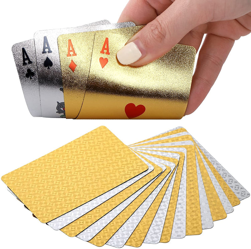 India Toy Gold Deck of Waterproof Cards, Flexible PVC Plastic Gold Playing Cards Premium Poker Cards Gold Waterproof Playing Cards Washable Flexible Use for Party Game (3 in 1, Gold- Black and Silver)