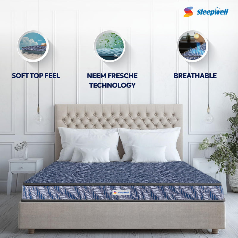 Sleepwell Utsav Comfort Regular Mattress | Quiltec & Resitec (HR) Foam | Soft-top Feel | Neem Fresche Technology | Affordable | Comfort & Support | Single Size | 72X36X4 | 2 Yrs Warranty