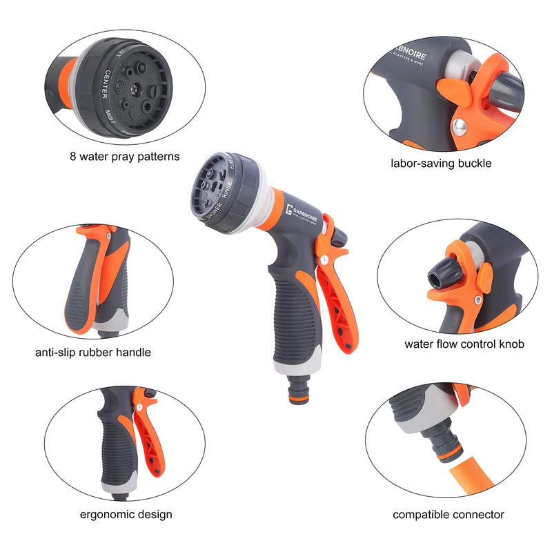 Garbnoire 8 in 1 Heavy Duty Hose Nozzle Water Spray High Pressure for Gardening, Flower, Plants, Lawn, Multi Functional Cleaning, Showering Pet & Wash Cars,8 Pattern Orange Gun, Pack of 1, ABS plastic