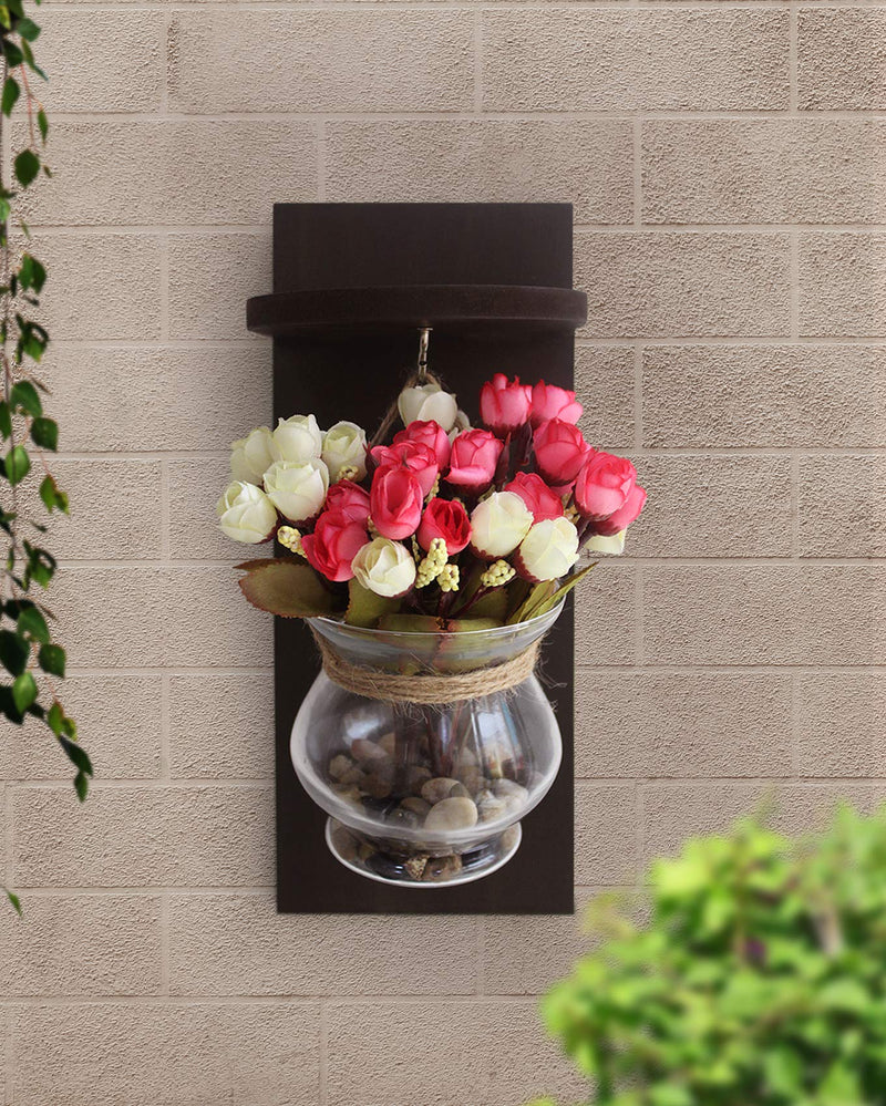 Tied Ribbons Wood Wall Shelf with Flower Vase and Artificial Flowers (11.99 cm x 0.99 cm x 37.01 cm, Multi)