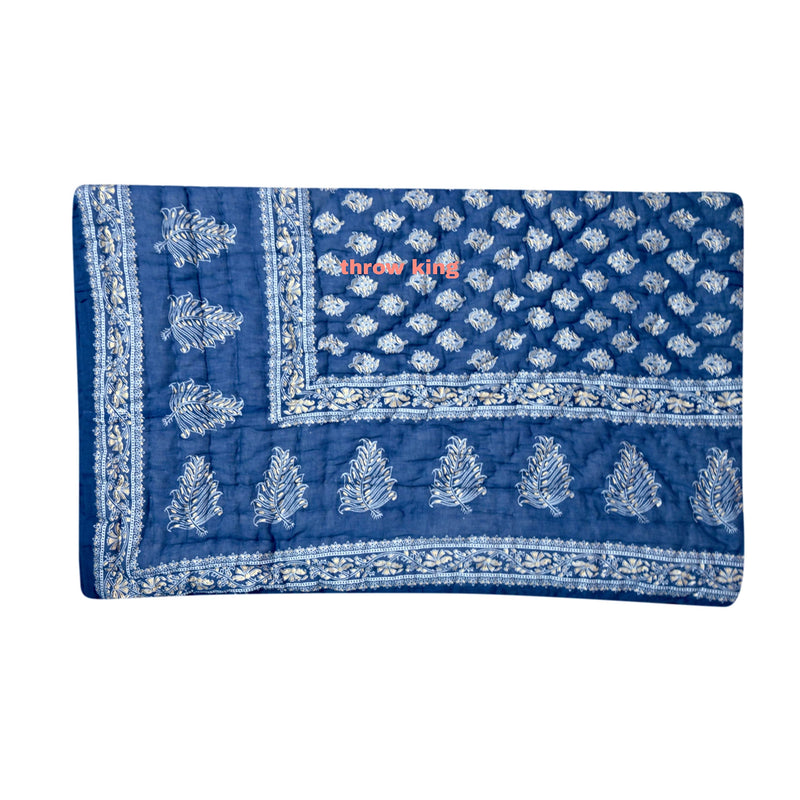 THROW KING Rajasthani Jaipuri Pure Organic Cotton Floral Printed Skin Friendly Single Bed Jaipuri Razai/Rajai/Quilt/Blanket/Dohar(Blue/Navy Blue/Cream) Set of 3