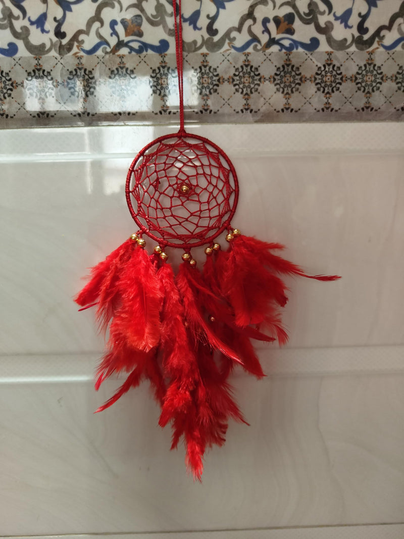 UV HANDICRAFTS Red Dream Dream Catcher Handmade Hangings for Positivity Ideal for Home Decor, Gift, Wall Hangings, Meditation Room, Yoga Temple, Wind Chime & Car Feather Hanging(Pack of 1)