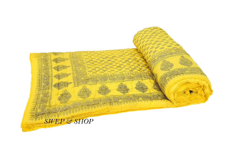 Namaste India Cotton Quilt Blanket (Single, Yellow)