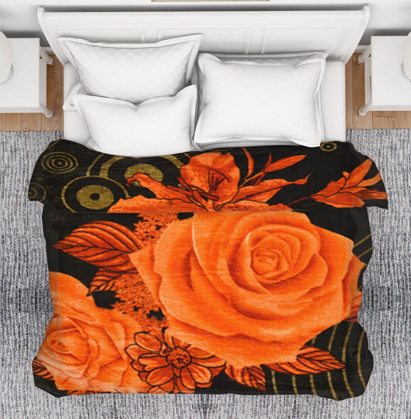 SPANGLE Designer Floral Warm Printed 400 TC Mink Double Bed Blanket (Green & Orange)