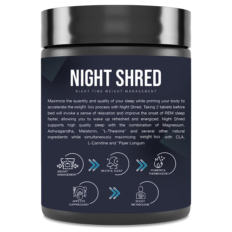 Night Shred | Advanced Night Time Fat Burner for Men Women | Natural Sleep | Appetite Suppressant | Powerful Thermogenic | Weight Loss Supplement | Belly Fat Burner for Men Women | Hydroxycut | CLA | L-Carnitine | Melatonin 5mg | 60 Tab