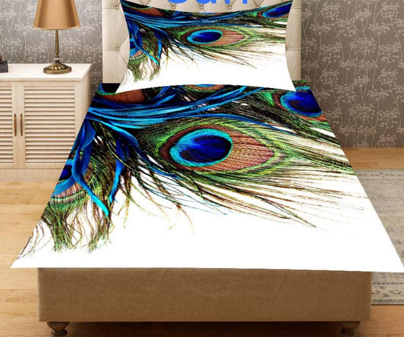 KitchDeco Velvet Digital Print Peacock Feather Single Bedsheet with 1 Pillow Cover (90 x60 Inches, Multicolour)