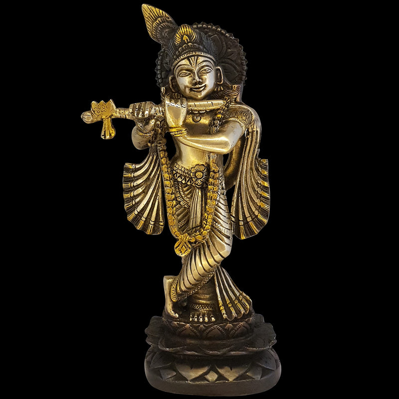 Divya Mantra Krishna Playing Flute Brass Statue Janmashtami Murti Kanha Bansuri Idol Bhagwan Sri Thakur ji Home Decor Mandir God Brass Decorative Showpiece Lord Pooja Beautiful Statues - Brown