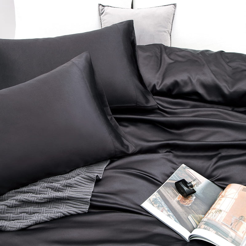 Vonty Satin Sheets Queen Size Silky Soft Satin Bed Sheets Black Satin Sheet Set, 1 Deep Pocket Fitted Sheet + 1 Flat Sheet + 2 Pillowcases