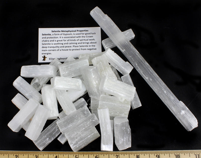 Dancing Bear Selenite Sticks Wands Bulk (35-40 pcs) 1.5-2 inch L X .25-.5" W Each, Bonus: Free 8" Selenite Stick & ID Card, Reiki, Chakra, Healing, Protection Grids, Good Luck, Positive Energy