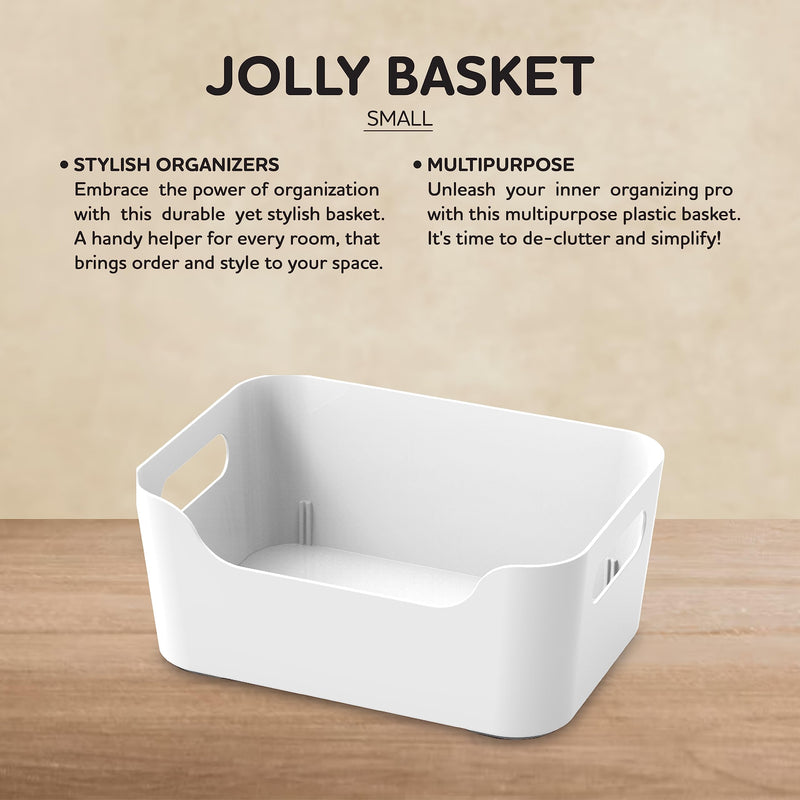 KOLORR Jolly Plastic Small Basket with Handle for Storage Box| Multipurpose Light Weight Plastic Baskets organiser for Clothes Toys Stationary Cosmetics Livingroom Bathroom | Pack of 4 - Nir White