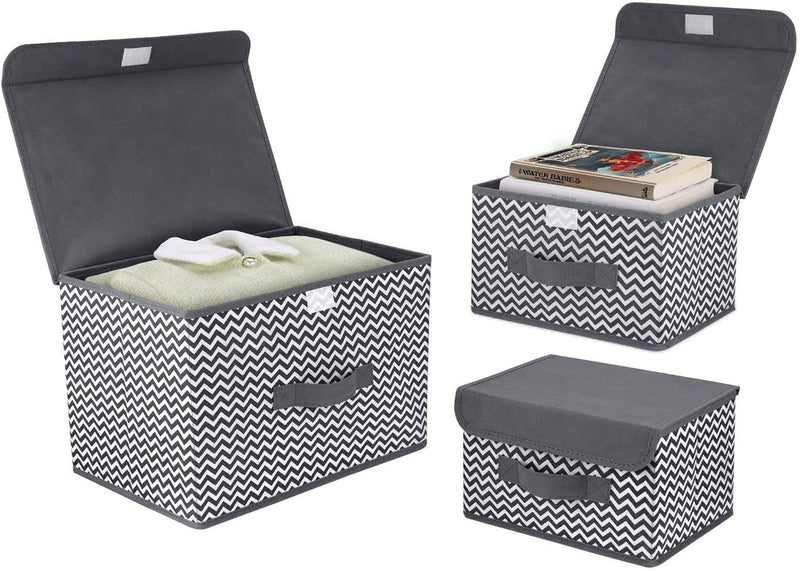 House of Quirk 3 Pack Foldable Storage Bin with Lid and Handle, Versatile Storage Baskets Boxes for Toys, Clothes, Papers, Books, Makeups (Wave, Grey)