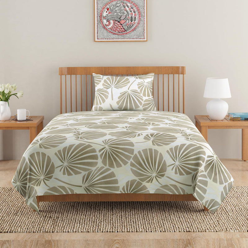 HOKIPO Cotton Feel Brushed Microfiber 145 GSM Printed Bedsheet for Single Bed, 60 x 90 inches with 1 Pillow Cover, Tropical Leaves Cream (IN-772-D1)