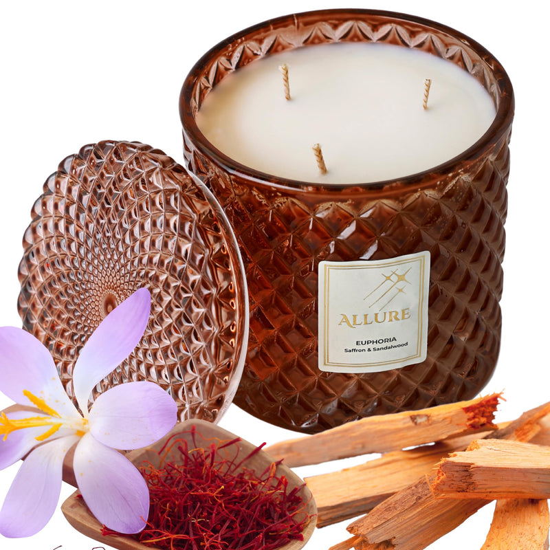 Allure Living Euphoria - Luxury Saffron & Sandalwood Soy Candles | Large 3 Wick Jar Candle | Up to 60 Hours Burning Time | Natural Soy Wax | Relaxing Aromatherapy Aesthetic Candle | Scented Candle