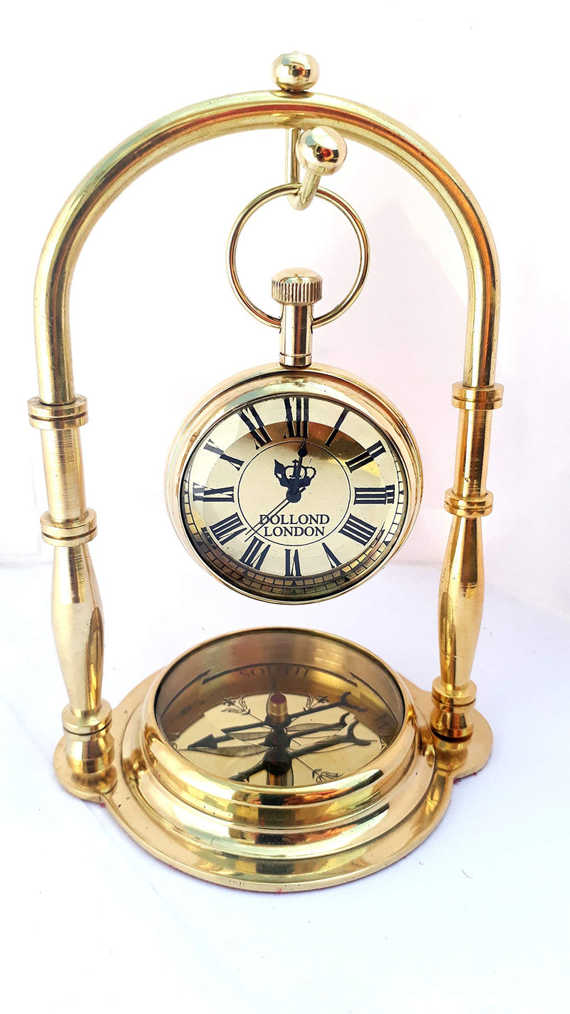 KV Collection Beautiful Antique Style Brass Anchor Table Clock with Magnetic Compass Base. Exclusive Gifting idea