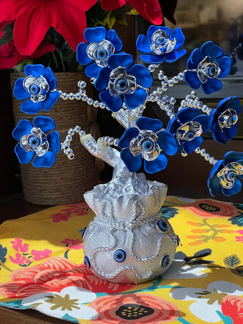 Blue Beads Turkish Evil Eye Flowers Tree with Silver Money Bag Feng Shui Protection Wealth Prosperity Table Centerpiece Ornament for Home Office Decor Protection Gift